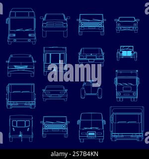 Collection of blue drawings of various vehicles, including cars, trucks, and buses. The drawings are stylized and abstract Stock Vector