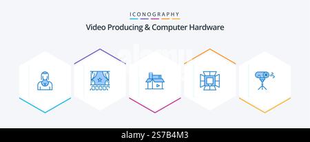 Video Producing And Computer Hardware 25 Blue icon pack including lighting. illumination. performance. publishing. digital Stock Vector