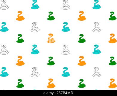 Vector seamless pattern with colored snakes on transparent background as wrapping paper or fabric design. Endless wallpaper with hand drawn linear rep Stock Vector