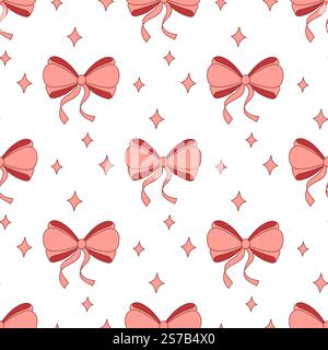Seamless hand drawn ribbon bow pattern. Decorating bow, pink, red Stock Vector
