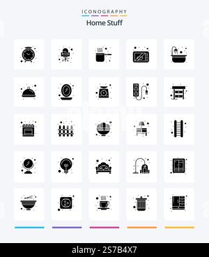Creative Home Stuff 25 Glyph Solid Black icon pack  Such As bathtub.. cap. oven. electronics Stock Vector