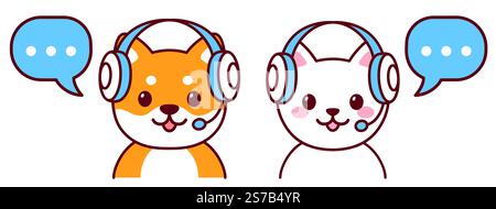 Cute cartoon dog and cat characters in headset with speech bubble. Customer support help desk or live stream chat. Vector clip art illustration. Stock Vector