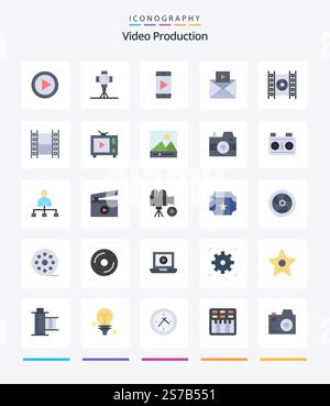 Creative Video Production 25 Flat icon pack  Such As film. media. movie. mail. video Stock Vector