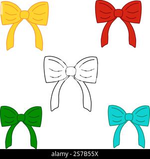 Graphic line vector hand-drawn ribbon bon illustration set in four colors transparent background Stock Vector