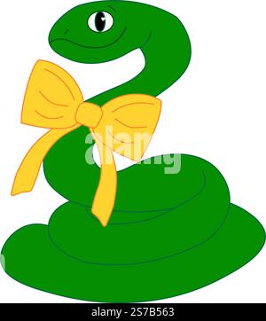 Cartoon snake character with yellow ribbon bow Chinese Lunar New Year 2025. Vector Asian zodiac animal adorned with bows and vest, represents joyful t Stock Vector