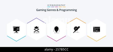 Gaming Genres And Programming 25 Glyph icon pack including ball. baseball. warrior. technology. droid Stock Vector