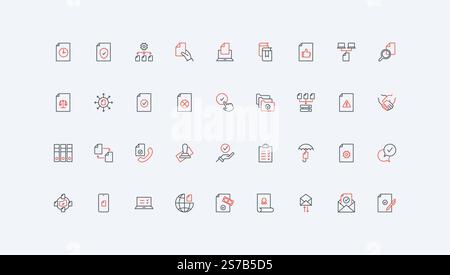 Document validation, certificate guarantee and agreement approve, confirm line icon set. Checklist on clipboard, correct choice and OK stamp thin black and red outline symbols vector illustration Stock Vector
