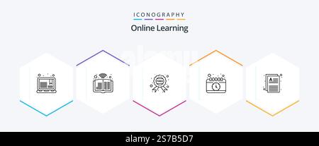 Online Learning 25 Line icon pack including documents. study. signal. desk. calendar Stock Vector