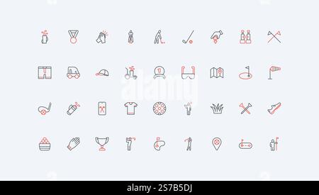 Golf club, professional equipment for game, trophy of tournament line icon set. Players bag with sticks and glove, ball and flag on grass field thin black and red outline symbols vector illustration Stock Vector