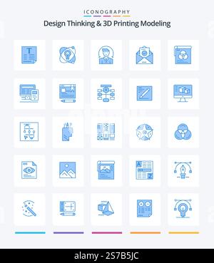Creative Design Thinking And D Printing Modeling 25 Blue icon pack  Such As poster. education. user. envelope. mail Stock Vector