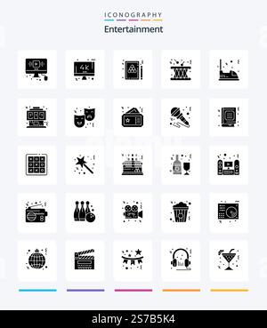 Creative Entertainment 25 Glyph Solid Black icon pack  Such As multimedia. drum. tv. game. pool Stock Vector