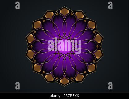 Gold Luxury Sacred Mandala template. Purple Flower design element isolated on black background. Circle pattern in golden color. Vector illustration Stock Vector