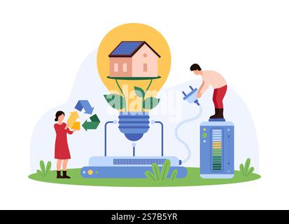 Digital sustainable eco friendly technology for smart home, IOT. Tiny people connect light bulb plug to battery to turn on and control automated smart home systems cartoon vector illustration Stock Vector