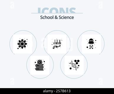 School And Science Glyph Icon Pack 5 Icon Design. death. care. atom. tubes. chemical Stock Vector