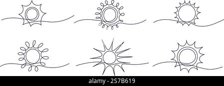 Sun one black continuous line set. Vector light rays drawing. Energy symbol isolated on white background. Doodle illustration Stock Vector