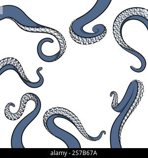 Set of color illustrations with octopus tentacles. Isolated vector objects on white background. Stock Vector