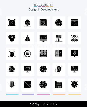 Creative Design & Development 25 Glyph Solid Black icon pack  Such As round. design. shape. cross. picture Stock Vector