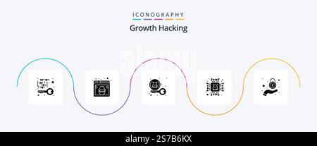 Hacking Glyph 5 Icon Pack Including error. chip. hacker. security. key Stock Vector