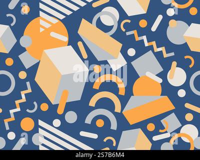 Geometric seamless pattern with memphis elements in 80s style. Colorful geometric 3D figures in isometric style. Design of promotional products Stock Vector