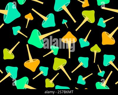 Mushrooms seamless pattern. Mushrooms on a stem. Hallucinogenic mushrooms of different colors. Mushroom design for wallpapers, covers, wrappers and ba Stock Vector