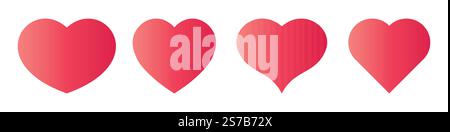 Four unique heart shapes are presented in a gradient red color. Each heart varies slightly in style, showcasing diverse designs perfect for love-themed projects or decorations. Stock Vector