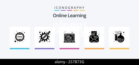 Online Learning Glyph 5 Icon Pack Including flask. newsletter. learning apps. mail. lesson. Creative Icons Design Stock Vector