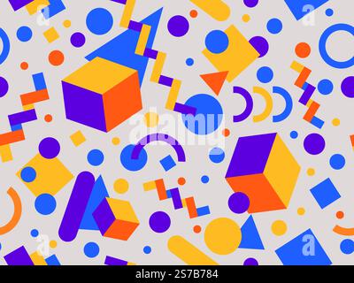 Geometric seamless pattern with memphis elements in 80s style. Colorful geometric 3D figures in isometric style. Design of promotional products Stock Vector