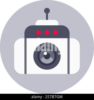 Security camera featuring an antenna and red lights, recording and monitoring from its lens against a gray circular background, represents advanced su Stock Vector