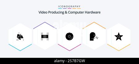 Video Producing And Computer Hardware 25 Glyph icon pack including speech. human. money. audio. media Stock Vector
