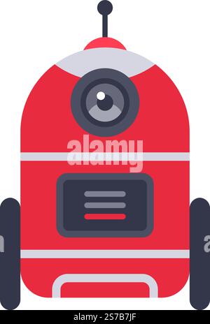 Modern red delivery robot moving on wheels and using artificial intelligence to transport goods, featuring a large eye, an antenna and a digital displ Stock Vector