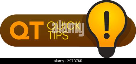 Brown horizontal button featuring quick tips in orange alongside a stylized yellow lightbulb with an exclamation mark, symbolizing efficient advice an Stock Vector