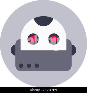 Stylized robot head with glowing red eyes and gray body symbolizing artificial intelligence and advanced technology, set against a gray circular backg Stock Vector