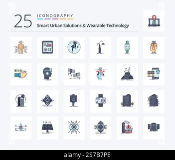 Smart Urban Solutions And Wearable Technology 25 Line Filled icon pack including wifi. lights. pulse. music. phone Stock Vector