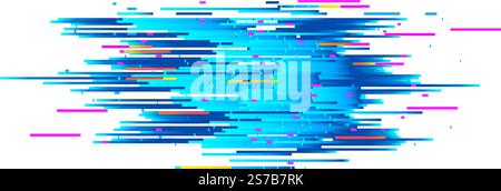 Colorful horizontal lines creating a dynamic glitch effect over a vibrant blue digital background, ideal for technology and digital art projects, enha Stock Vector