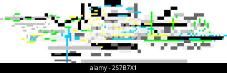 Colorful pixelated background forming an abstract glitch art pattern with squares and rectangles in black, white, grey, yellow, blue, and green Stock Vector