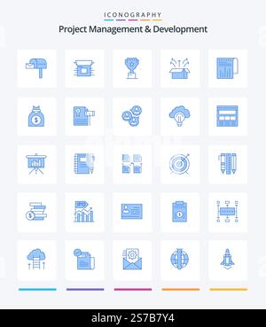 Creative Project Management And Development 25 Blue icon pack  Such As product. launch. release. box. reward Stock Vector