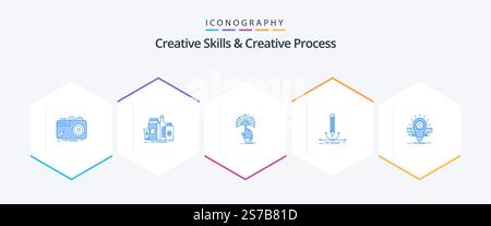 Creative Skills And Creative Process 25 Blue icon pack including pen. illustration. product. analytic. destination Stock Vector