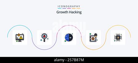 Hacking Line Filled Flat 5 Icon Pack Including lock. hacker. virus. deposit. settings Stock Vector