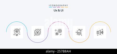 Ux And Ui Line 5 Icon Pack Including volume. audio. configuration. reminder. bell Stock Vector