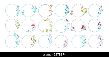 Round frame with flowers and berries vintage set. Hand drawn herbal template round wreath banner illustration for postcard, invitation wedding card, poster cover. Abstract modern drawing vector design Stock Vector