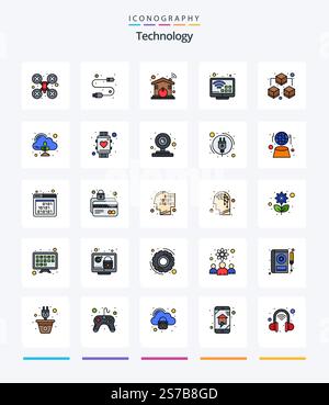Creative Technology 25 Line FIlled icon pack  Such As data. tv. automation. smart. entertainment Stock Vector