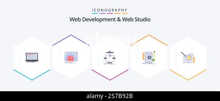 Web Development And Web Studio 25 Flat icon pack including develop. creative. test. flow. data Stock Vector