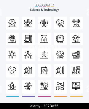 Creative Science And Technology 25 OutLine icon pack  Such As engineering science. applied science. test flask. internet cloud. cloud service Stock Vector