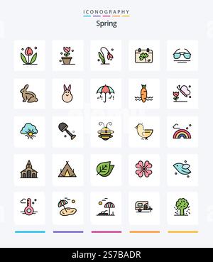 Creative Spring 25 Line FIlled icon pack  Such As rain. rabbit. galsses. easter bunny. bunny Stock Vector