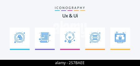 Ux And Ui Blue 5 Icon Pack Including portrait. options. bulb. menu. list. Creative Icons Design Stock Vector