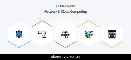 Network And Cloud Computing 25 FilledLine icon pack including web. technology. computing. storage. cloud Stock Vector