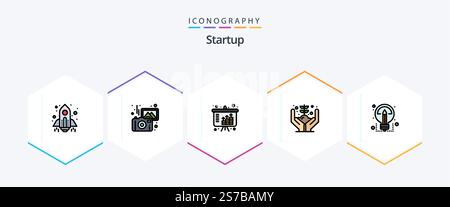 Startup 25 FilledLine icon pack including ideas. plant. assets. money. growth Stock Vector