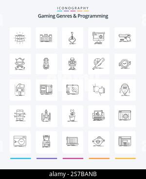 Creative Gaming Genres And Programming 25 OutLine icon pack  Such As function. command. fortress. stick. gaming Stock Vector