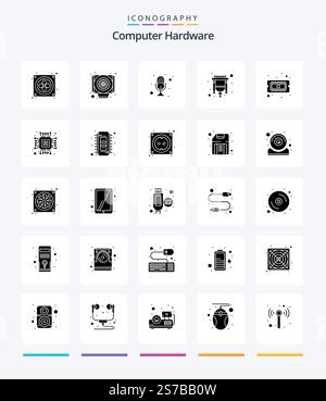Creative Computer Hardware 25 Glyph Solid Black icon pack  Such As cpu. chip. mike. hdmi. connector Stock Vector