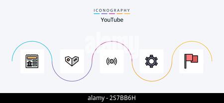 Youtube Line Filled Flat 5 Icon Pack Including flag. ui. essential. setting. basic Stock Vector